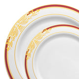 White with Burgundy and Gold Harmony Rim Plastic Dinnerware Value Set